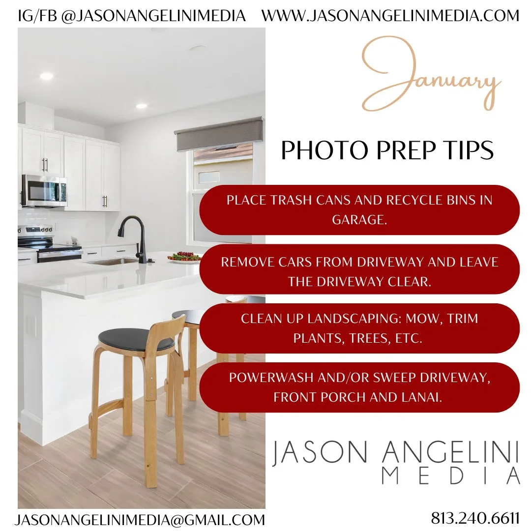 I know it says January but I wanted to offer a few monthly photo prep tips to help the property looks its best! My goal is to create the best content but the prep work before I arrive can make a big difference in how a buyer views the home. 

Jason Angelini Media creates content that sells!
Contact me to schedule photos for your property. I also offer floorplans, room measurements, video, 360 tours, virtual staging, professional headshots, and much more!

Use code ILOVEJAMEDIA for $50 Use code ILOVEJAMEDIA for $50 off your first appointment!

www.jasonangelinimedia.com

#tampabayrealtors #floridalifestylerealtor
#hillsboroughrealtor #TampaRealtor #TampaRealestate
#stpeterealestate #tampaRealEstate #lithiahomes
#customtampahomes #tampaliving #toptamparealtor
#fishhawkrealestate #palmharborrealtors
#Riverviewrealestate #safetyharborrealtor
#tamparealtor #seminolerealtor #largorealtor
#ilovetampa #tamparealestatephotographer